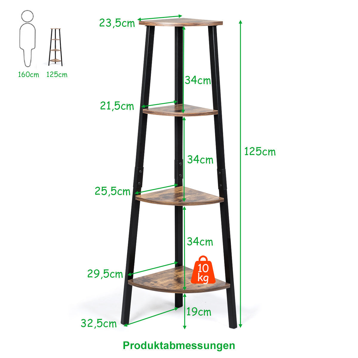 4-Tier Corner Ladder Shelf with Heavy-duty Metal Frame and Anti-toppling Device-Rustc Brown