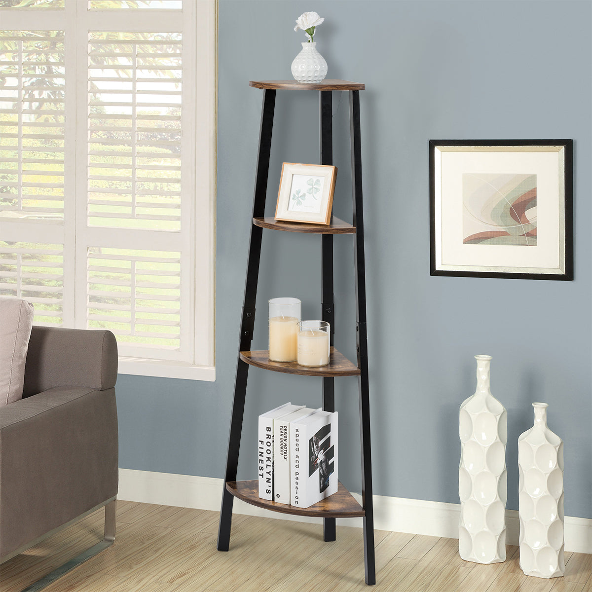 4-Tier Corner Ladder Shelf with Heavy-duty Metal Frame and Anti-toppling Device-Rustc Brown