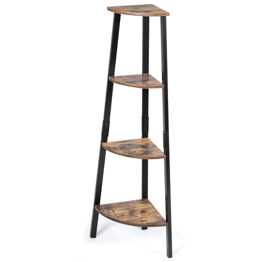 4-Tier Corner Ladder Shelf with Heavy-duty Metal Frame and Anti-toppling Device-Rustc Brown