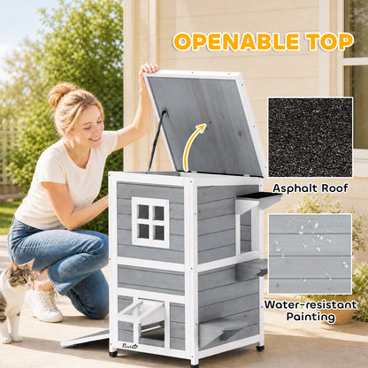 PawHut Wooden Cat House 2-Floor Outdoor Kitten Shelter with 3 Doors and Window Grey