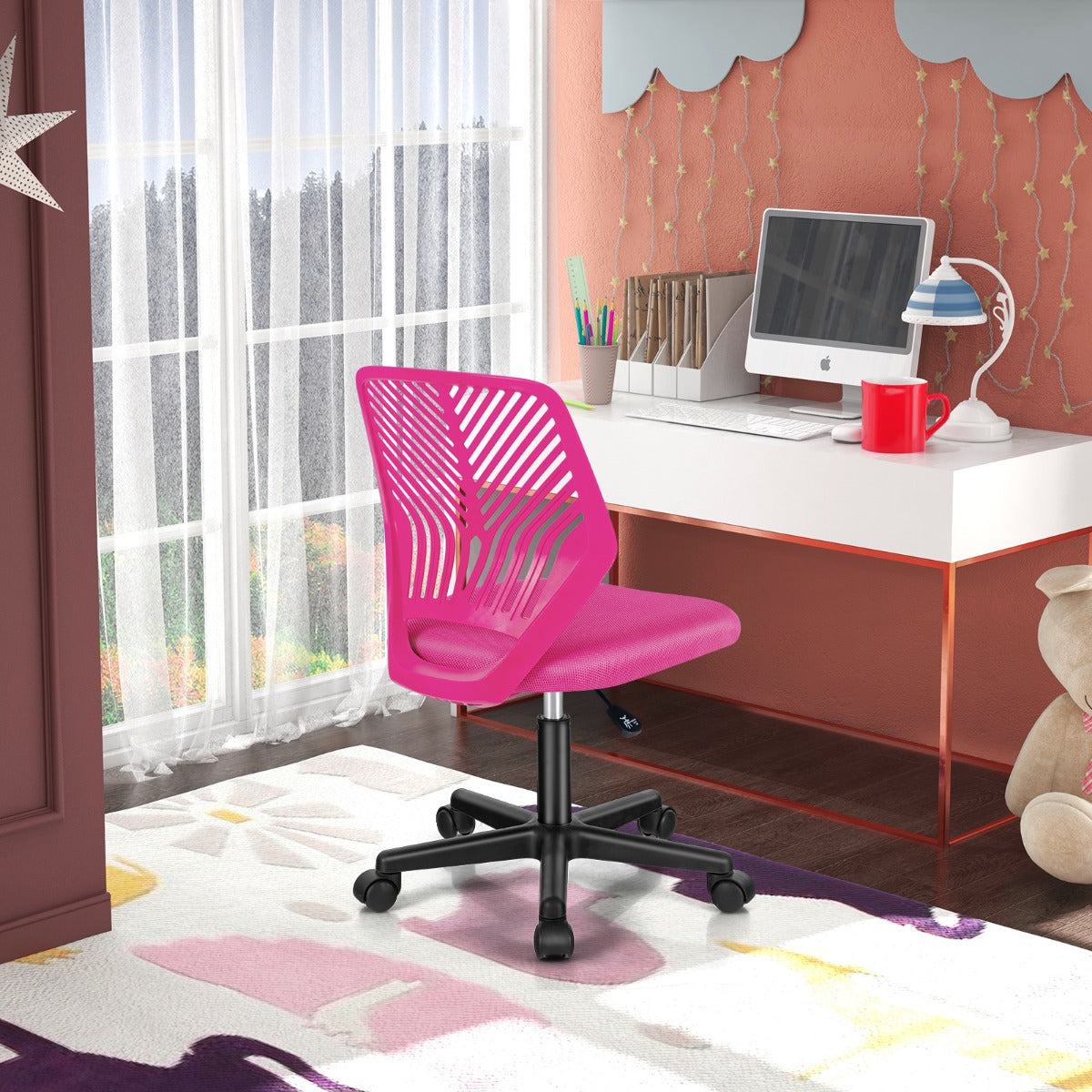 Height-adjustable Kids Mesh Ergonomic Desk Chair with Universal Casters-Pink