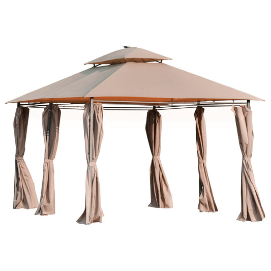 Outsunny 4 x 3(m) Outdoor Gazebo Canopy Party Tent Garden Pavilion Patio Shelter w/ LED Solar Light, Double Tier Roof, Curtains, Steel Frame, Khaki