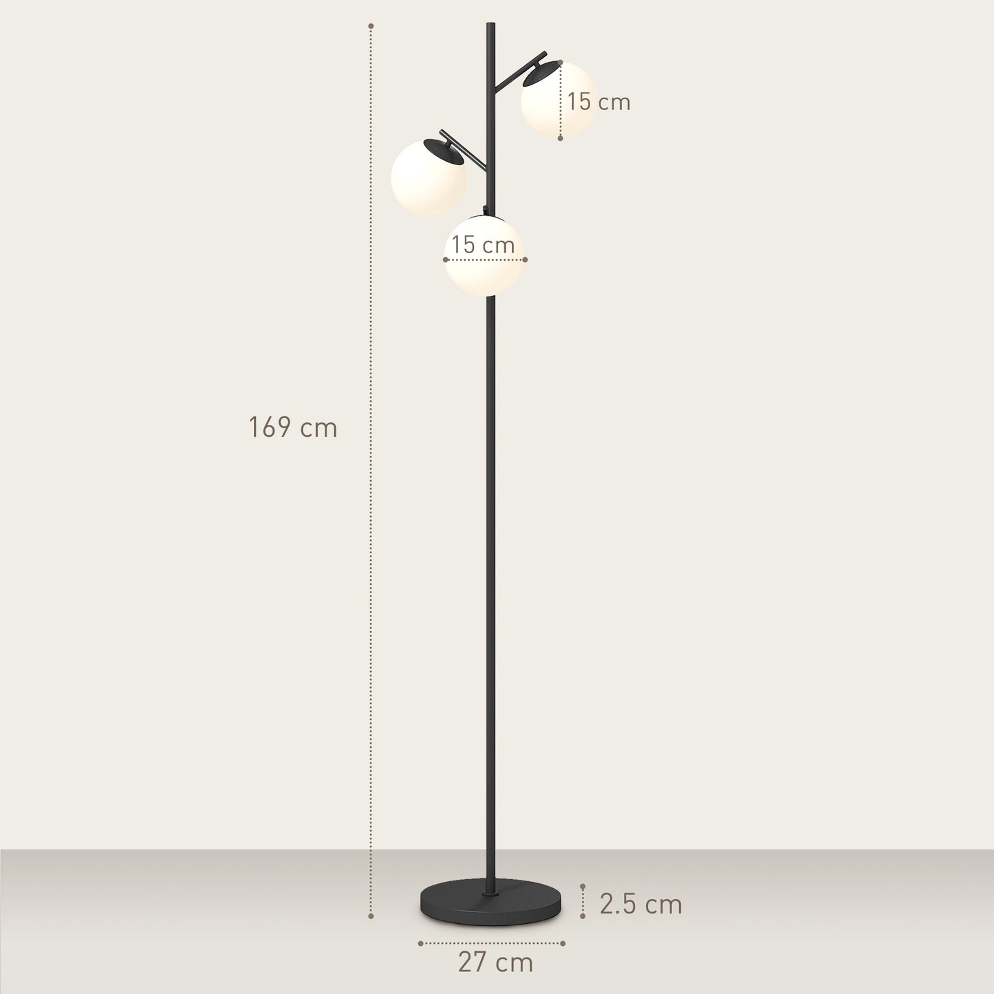 HOMCOM 3-Light Tree Floor Lamps for Living Room, Modern Standing Lamp for Bedroom with Globe Lampshade, Steel Base, Bulb not Included, Black