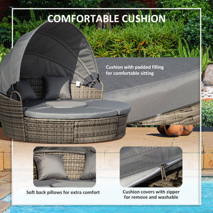 Outsunny Outdoor PE Rattan Garden Furniture with Cushioned, Patio Wicker Conversation Furniture Set, Round Daybed with Retractable Canopy, Coffee Table and Three Pillows, Dark Grey