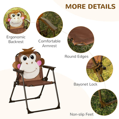 Outsunny Kids Bistro Table and Chair Set, Outdoor Folding Garden Furniture w/Monkey Design, Removable, Adjustable Sun Umbrella, Ages 3-6 Years - Brown