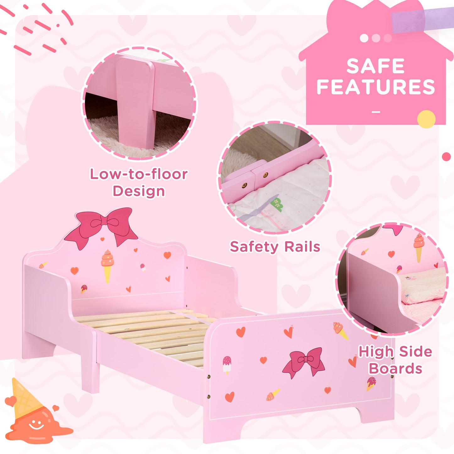 ZONEKIZ Princess-Themed Kids Toddler Bed w/ Cute Patterns, Safety Rails, for Ages 3-6 Years - Pink