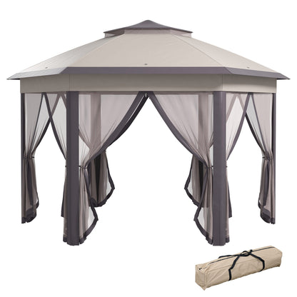 Outsunny Hexagon Garden Gazebo Pop Up Gazebo Outdoor Patio Double Roof Instant Shelter with Netting, 3 x 4m, Beige