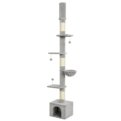 PawHut Floor to Ceiling Cat Tree, 230-250cm Multi-Level Cat Tower with Adjustable Height, Scratching Posts, Condo, Platforms