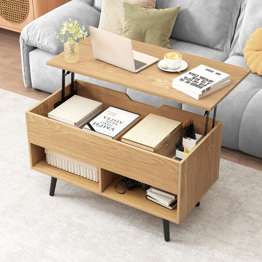 Lift Top Coffee Table with Hidden Compartment and Open Storage Shelves-Natural