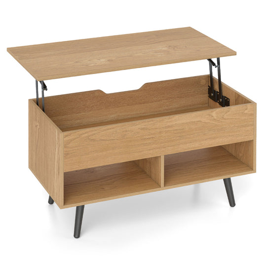 Lift Top Coffee Table with Hidden Compartment and Open Storage Shelves-Natural