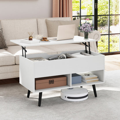 Lift Top Coffee Table with Hidden Compartment and Open Storage Shelves-White