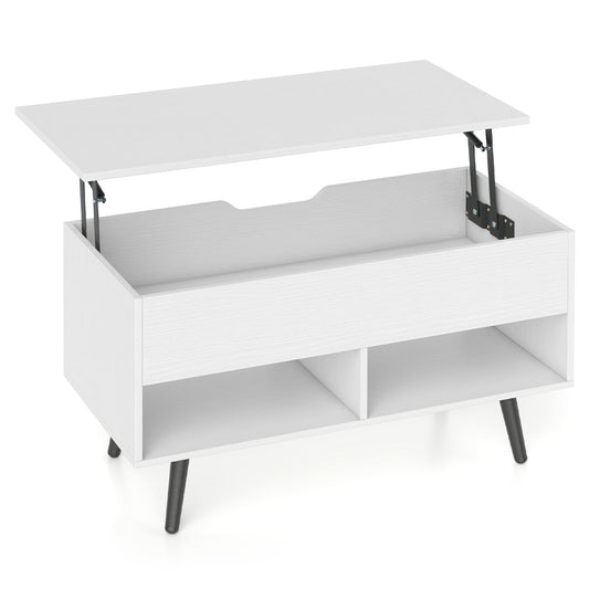Lift Top Coffee Table with Hidden Compartment and Open Storage Shelves-White