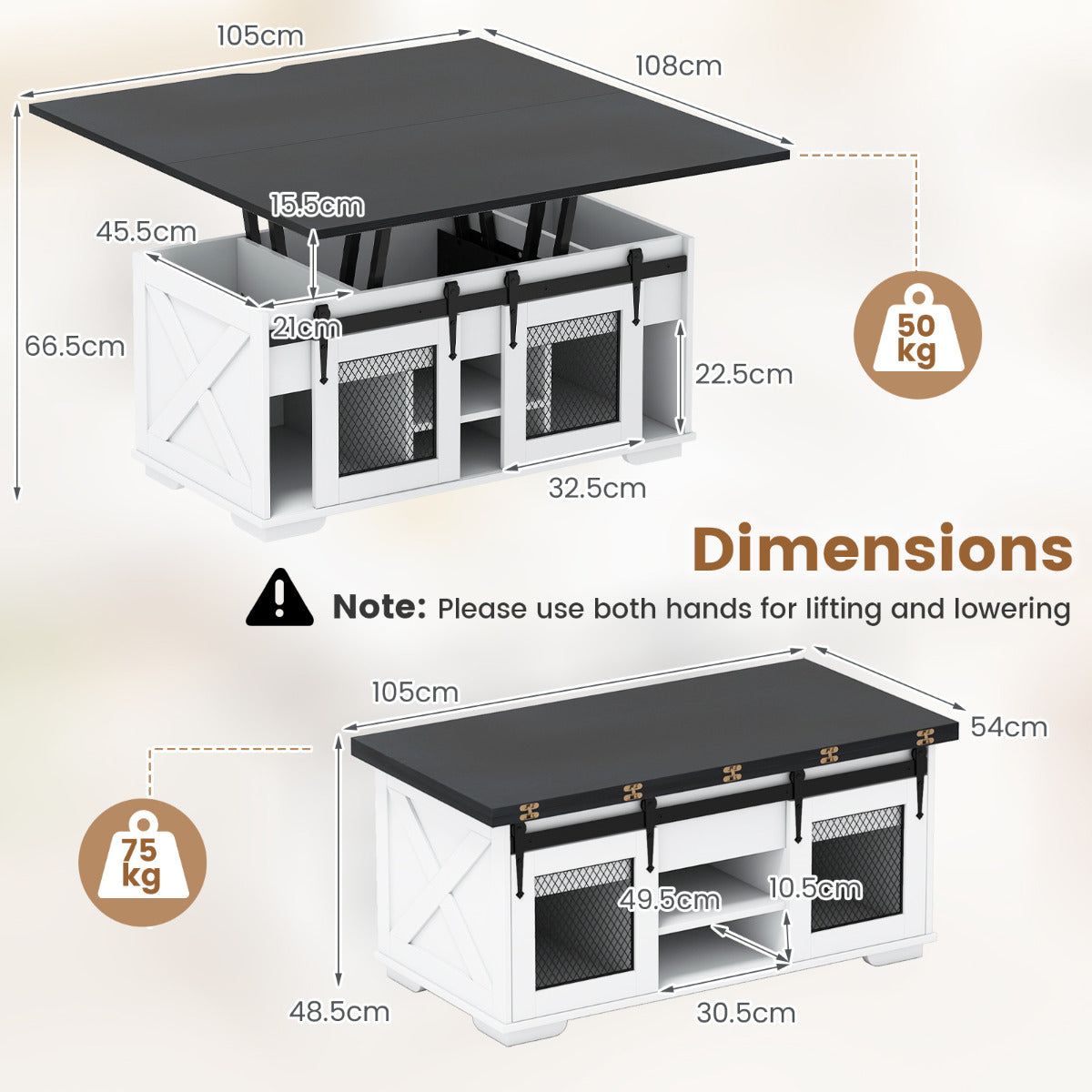 Lift Top Coffee Table with 2 Sliding Barn Doors and Open Shelves-Black