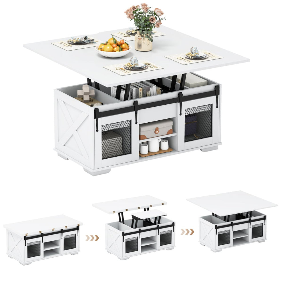 Lift Top Coffee Table with 2 Sliding Barn Doors and Open Shelves-White ...