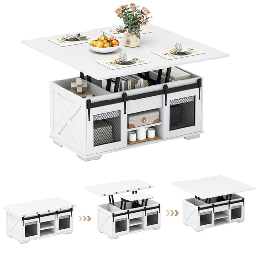 Lift Top Coffee Table with 2 Sliding Barn Doors and Open Shelves-White