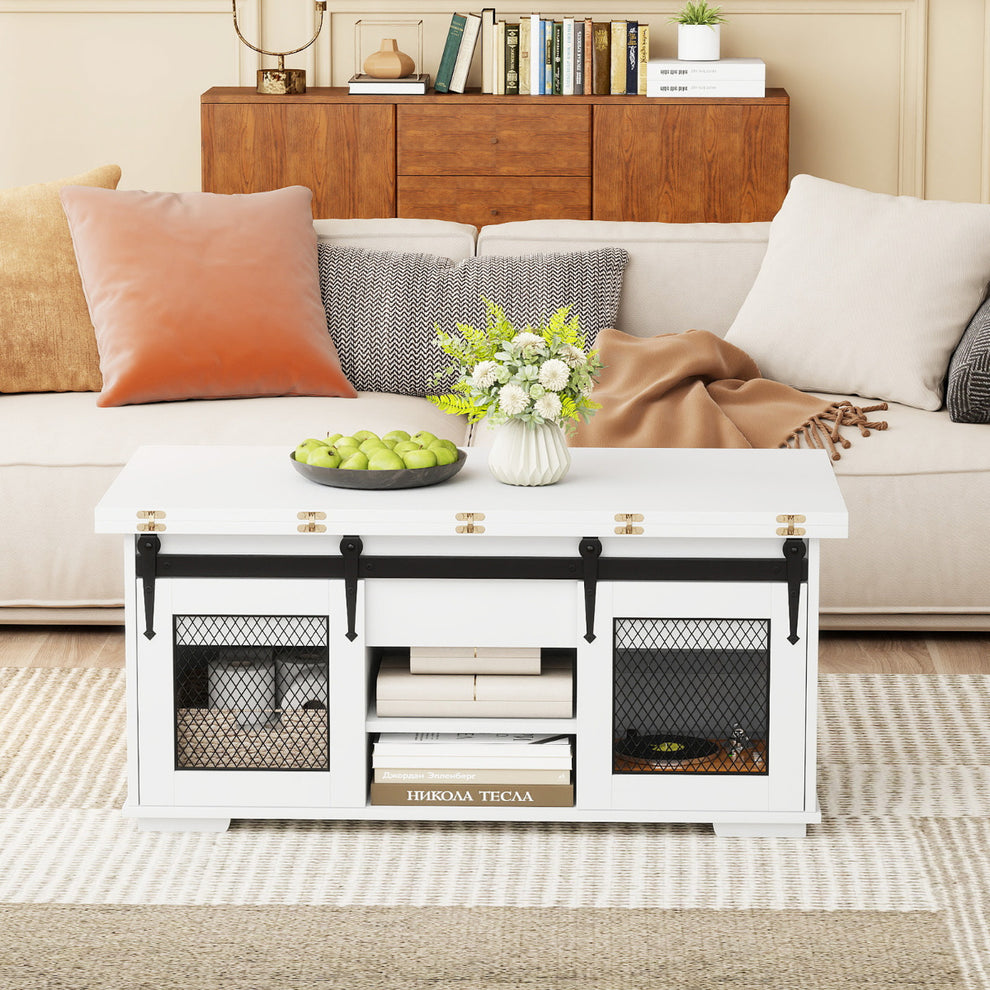Lift Top Coffee Table with 2 Sliding Barn Doors and Open Shelves-White ...