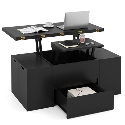 Lift Top Coffee Table with Hidden Compartment and Drawer-Black