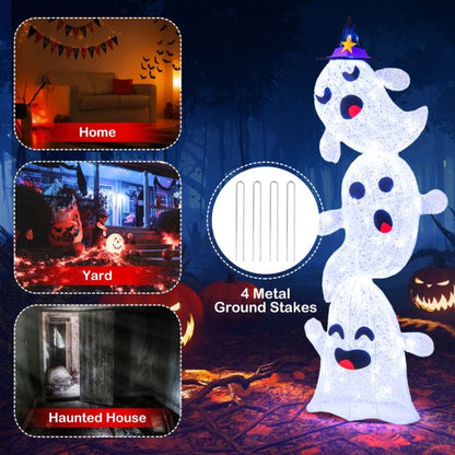 4 FT Lighted Stacked Ghosts with 120 LED Lights and 4 Metal Ground Stakes