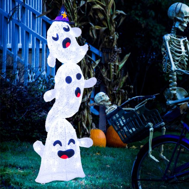 4 FT Lighted Stacked Ghosts with 120 LED Lights and 4 Metal Ground Stakes