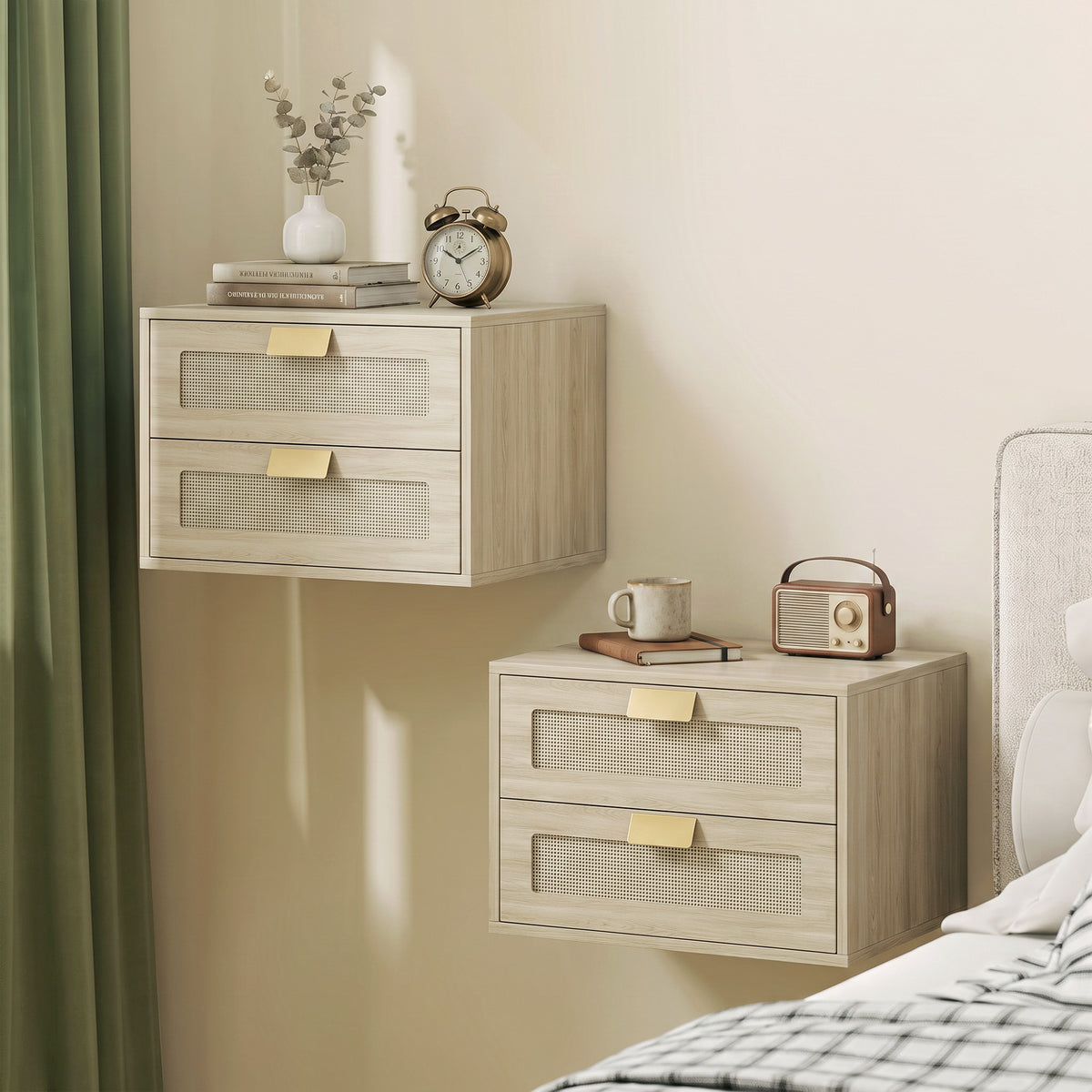 HOMCOM Modern Floating Nightstands Set of 2, Wall Mounted Bedside Tables with 2 Drawers, Oak