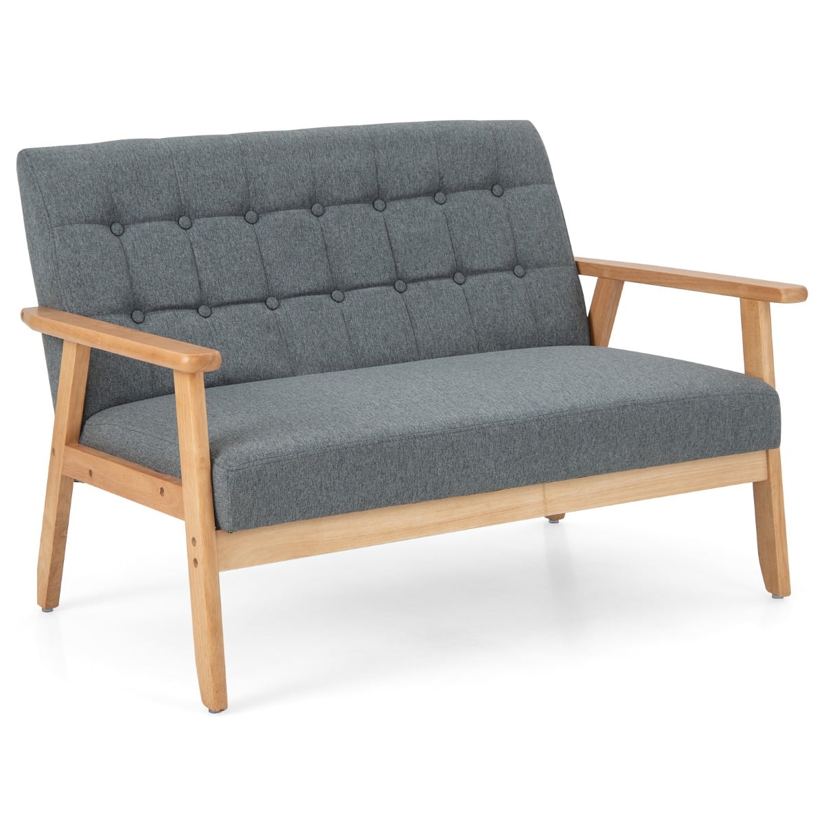 2-seat Cushioned Couch with Rubber Wood Frame and Classic Tufted Design-Grey