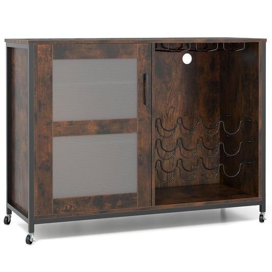 Liquor Buffet Sideboard with LED Lights and Glass Holders-Rustic Brown