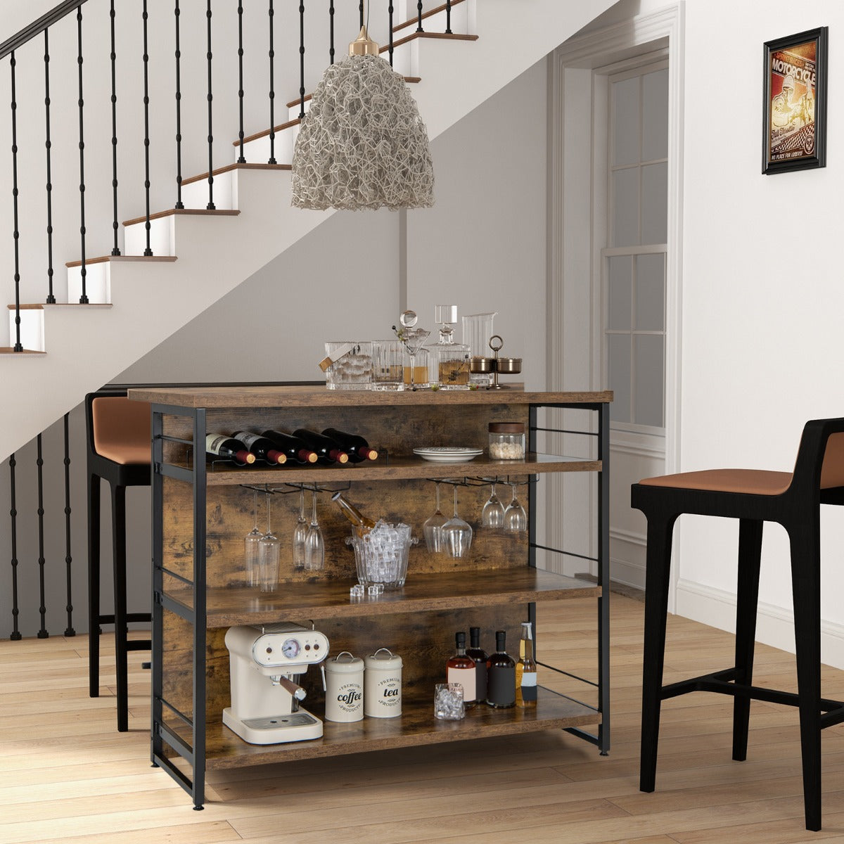 Industrial Home Bar Unit with 3 Open Shelves-Brown