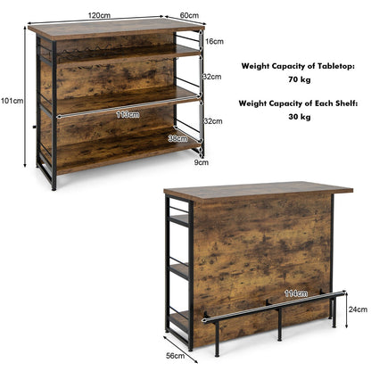 Industrial Home Bar Unit with 3 Open Shelves-Brown