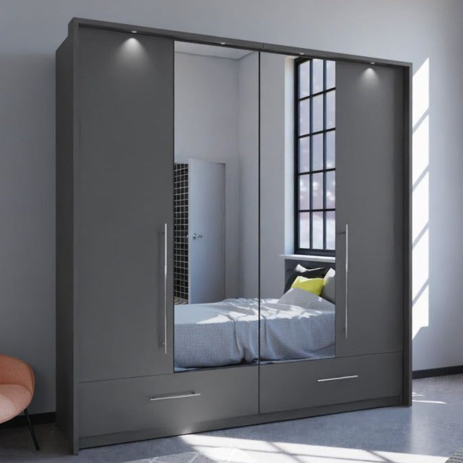 Lindsey 210cm Swing Door Wardrobe with Mirror and 2 Drawers - Graphite and White