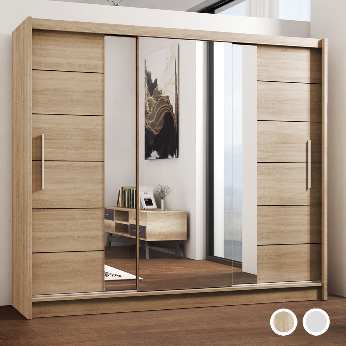 Louane 3 Door Sliding 250cm Wardrobe with Mirror - Oak Sonoma