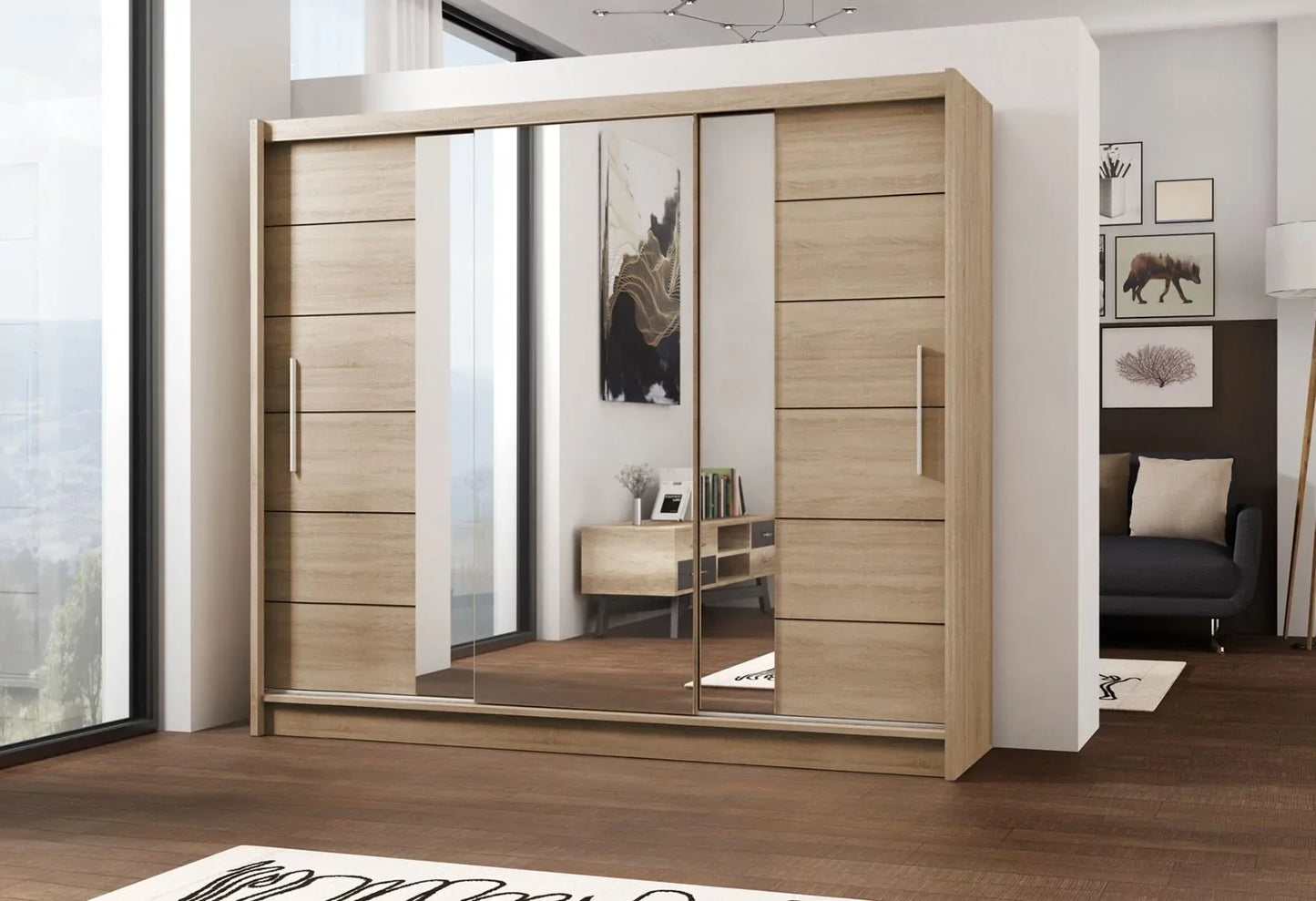 Louane 3 Door Sliding 250cm Wardrobe with Mirror - White