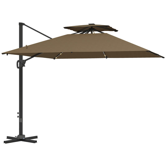 Outsunny 3.5x3 m Garden Cantilever Parasol with Solar LED Lights and Centre Light, UPF50+ Aluminium Patio Umbrella with 360√Ç¬∞ Rotation and Tilt, Hanging Sun Shade with Cross Base, Crank Handle, Khaki