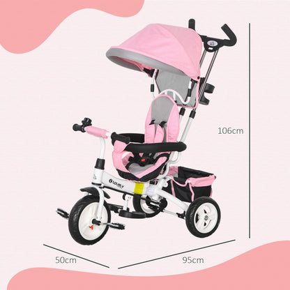 4 in 1 Kids Trike Push Bike w/ Push Handle, Canopy, 5-point Safety Belt, Storage, Footrest, Brake, for 1-5 Years, Pink