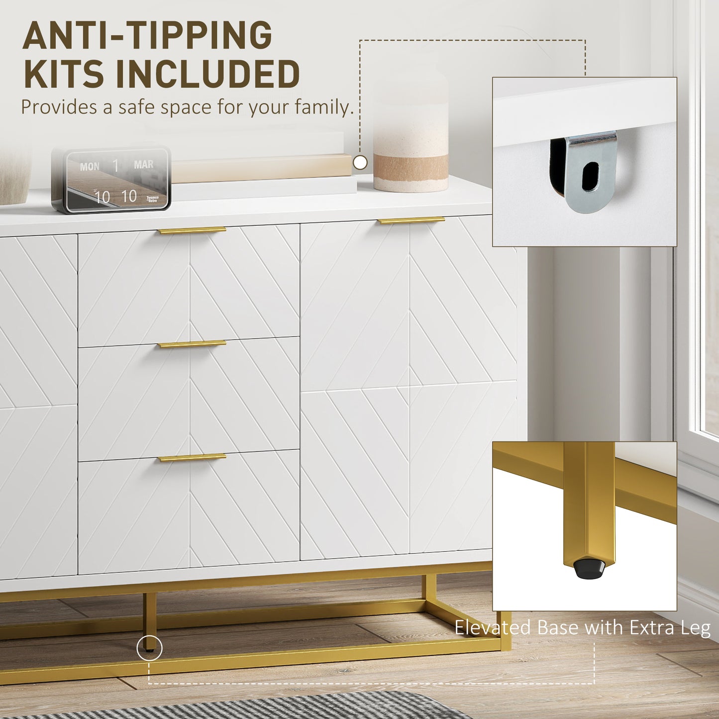 HOMCOM Sideboard with 3 Drawers and Adjustable Shelves for Living Room - White