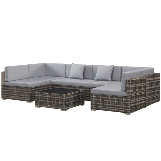 Outsunny Seven-Piece Rattan Garden Set, with Glass-Top Table - Mixed Grey