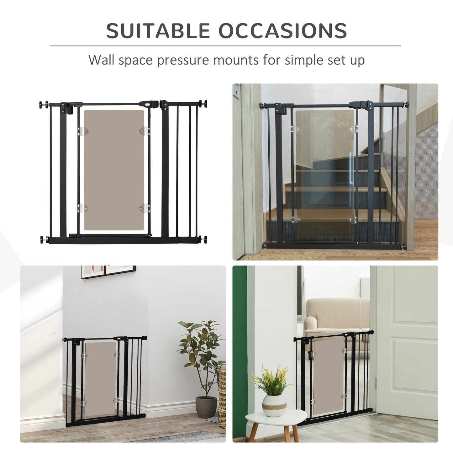 PawHut Pressure Fit Pet Safety Gate, Auto-Close Dog Barrier Stairgate, Double Locking, Acrylic Panel, for Doors, Hallways, Staircases, Openings 76-92 cm, Extensions Kit, Black