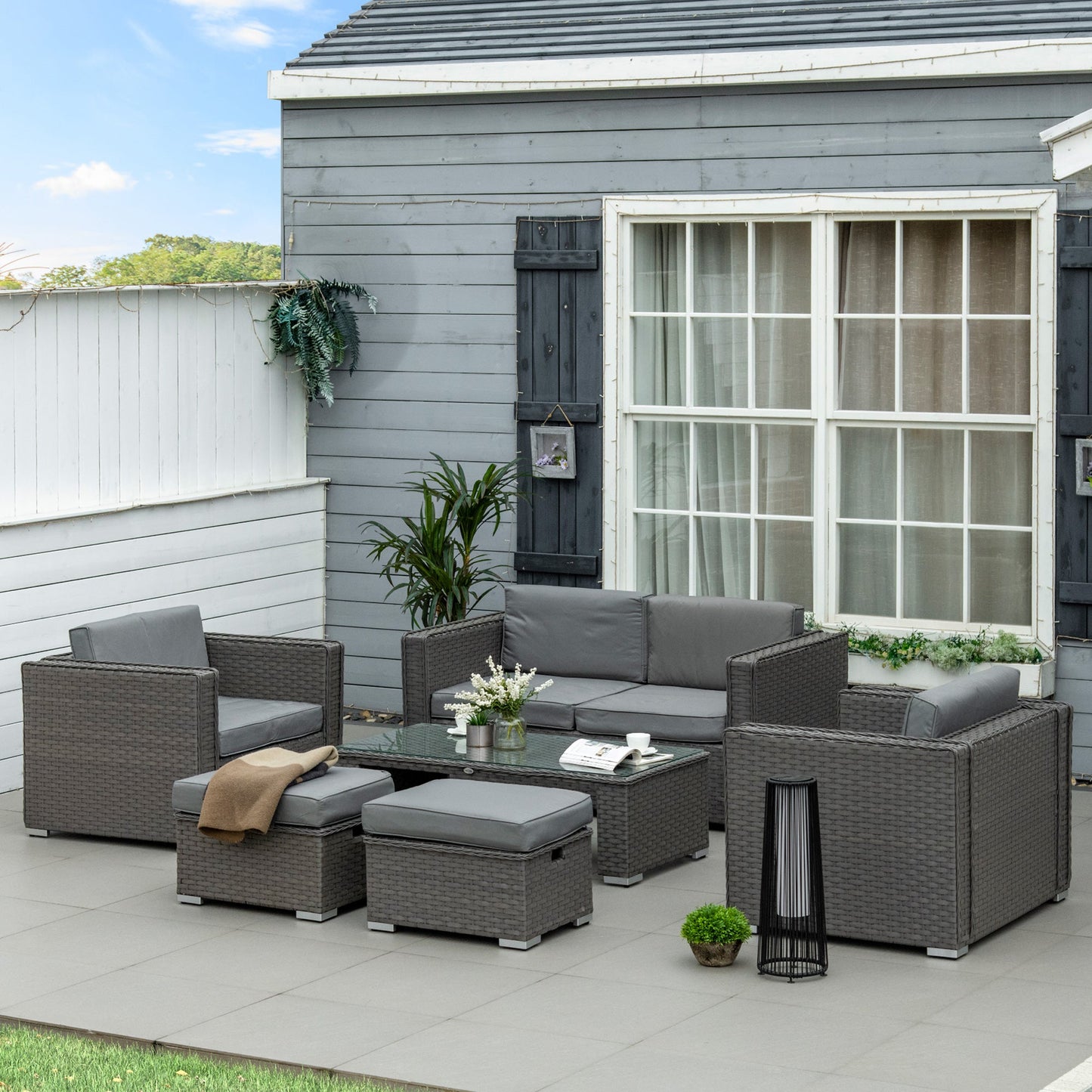 Outsunny 6PC Garden Rattan Sofa Set Bonzer Outdoor Furniture Patio Table Loveseat Stool Lounging Ottoman Aluminium Frame Wicker Weave Conservatory Grey