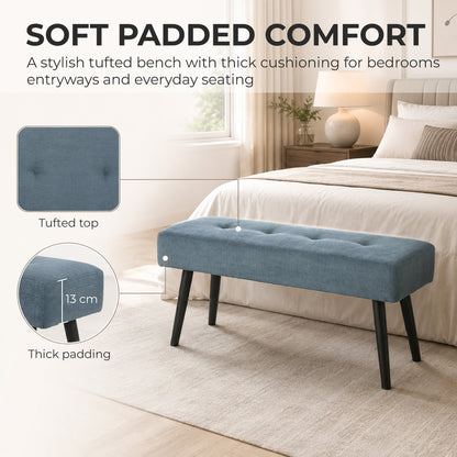 HOMCOM Upholstered Bedroom Entryway Bench, Modern Corduroy Tufted End of Bed Bench with Padded Seat and Steel Legs, Blue