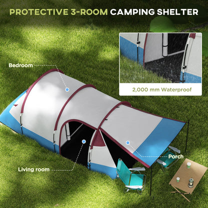 Outsunny Camping Tent, duży namiot tunelowy z sypialnią i częścią dzienną, 2000 mm wodoodporności, przenośny z torbą dla 2-3 osób, czerwony
