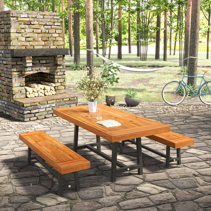 Outsunny Garden 3-częściowy stół piknikowy z drewna akacjowego i 2 ławki zestaw jadalny stolik piwny patio meble ogrodowe i do wnętrz