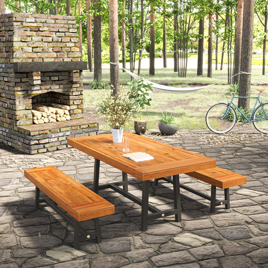 Outsunny Garden 3-częściowy stół piknikowy z drewna akacjowego i 2 ławki zestaw jadalny stolik piwny patio meble ogrodowe i do wnętrz