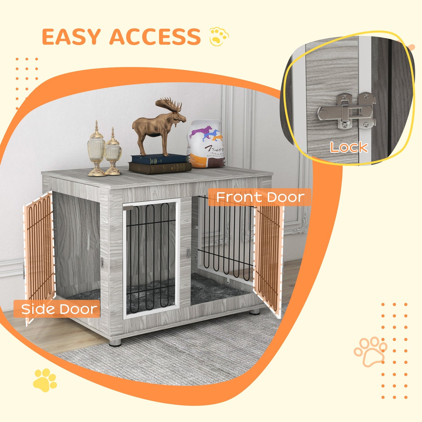 PawHut Indoor Dog Kennel w/ Soft Cushion, Double Door for Large Dogs, 106 x 74 x 81.5cm, Grey