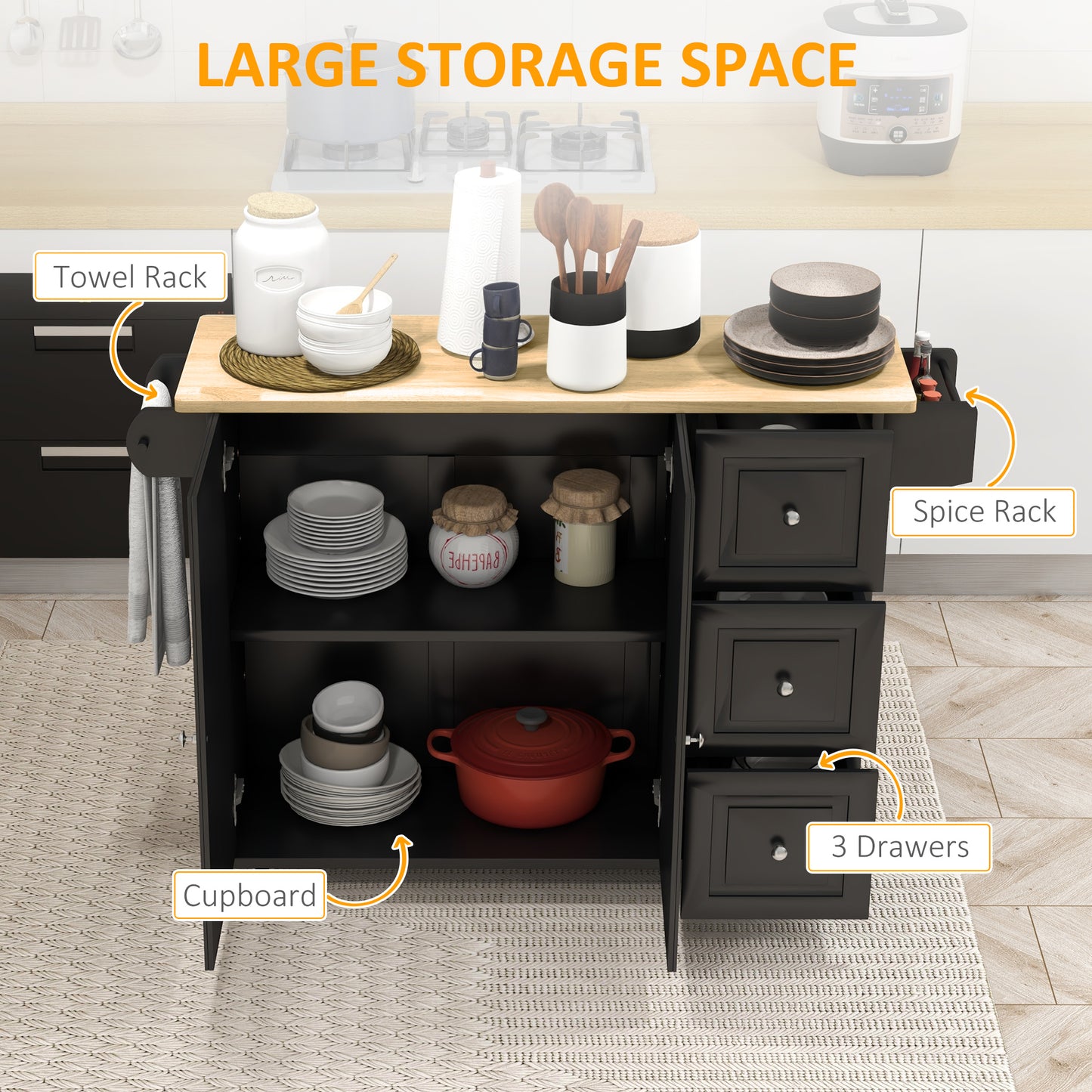 HOMCOM Kitchen Island with Drop Leaf, Rolling Kitchen Storage Trolley on Wheels with 3 Drawers, Black