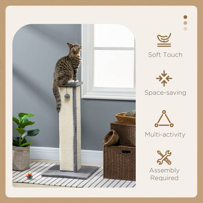 PawHut 81cm Cat Scratcher, Vertical Full Scratcher w/ Natural Sisal Rope, Hanging Ball, Soft Plush - Grey