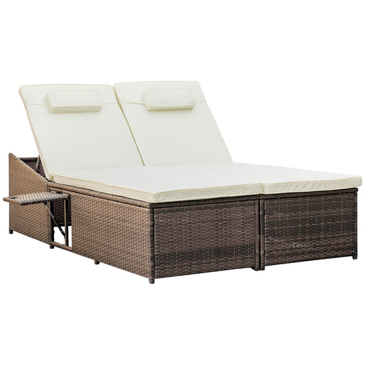 Outsunny Double Rattan Sun Lounger, Garden Daybed with 5-Level Adjustable Backrest and Flip Side Trays, Wicker Outdoor Furniture Recliner with Cushions and Pillows for Patio, Cream White