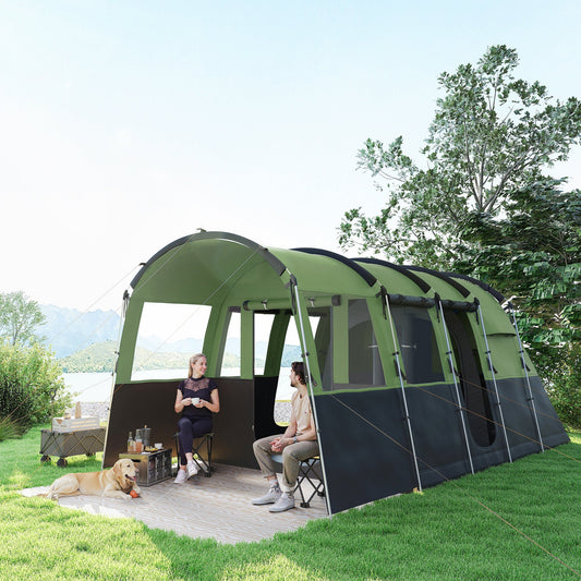 Outsunny 8-Person Camping Tent, Waterproof Family Tent, Tunnel Design, 4 Large Windows, Sleeping Cabins 3000mm Water Column Green