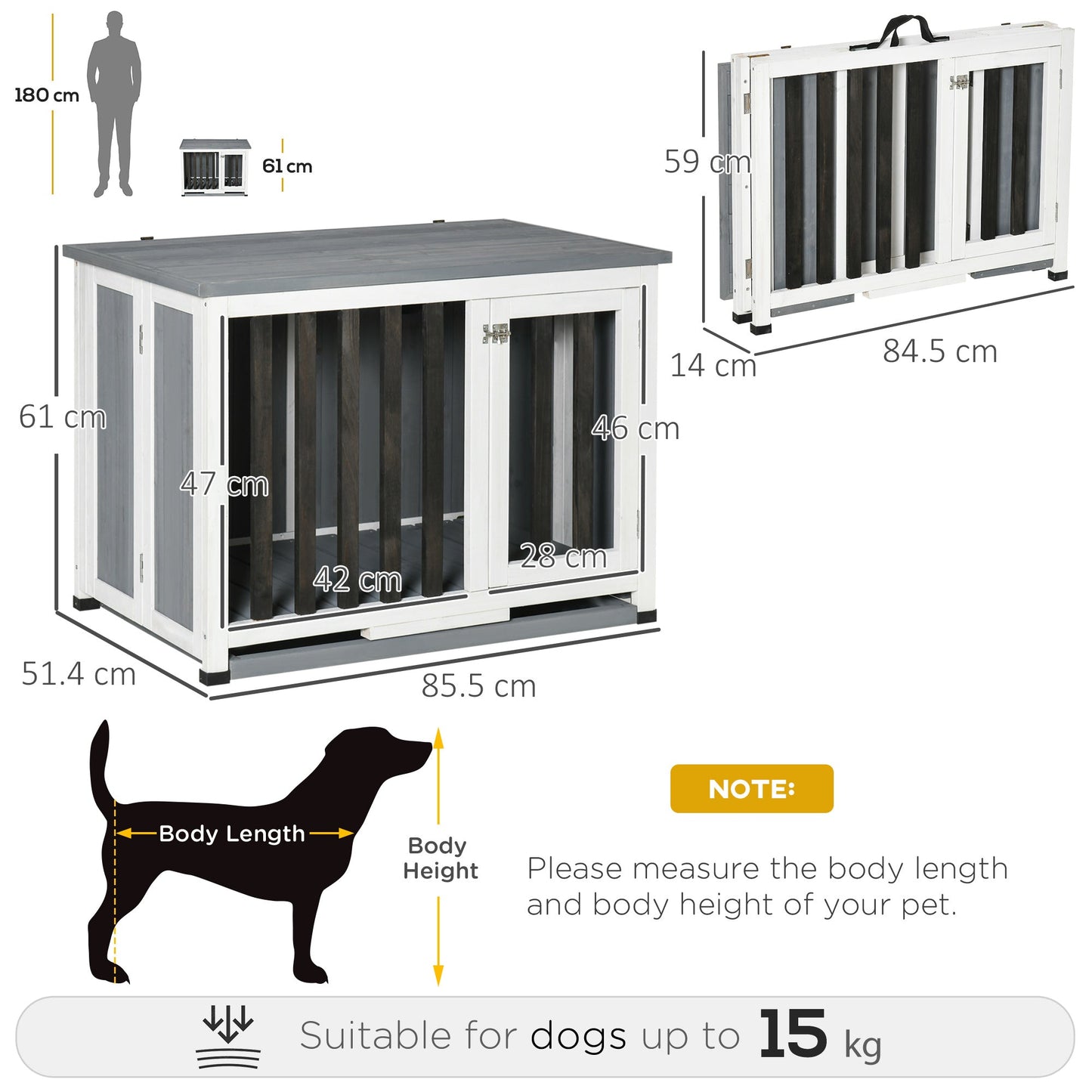 PawHut Wooden Dog Crate Folding Pet Kennel Cage End Table with Removable Tray for Medium and Small Dogs Grey 84.5 x 51.4 x 61 cm