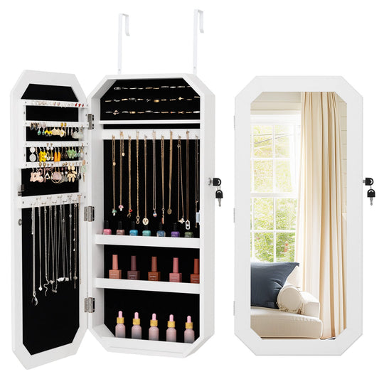 Lockable Full-Length Mirror Jewelry Cabinet in White