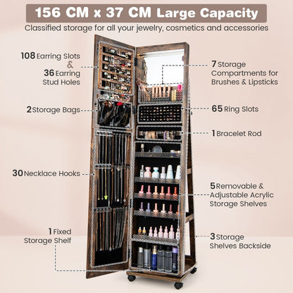 Lockable Jewelry Cabinet Armoire with Built-in Makeup Mirror and 3-Color LED Lights-Rustic Brown