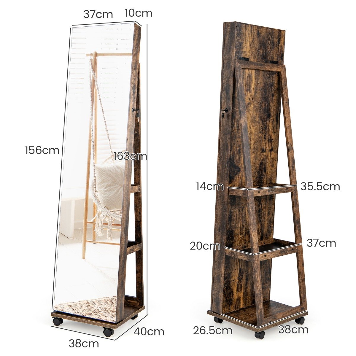 Lockable Jewelry Cabinet Armoire with Built-in Makeup Mirror and 3-Color LED Lights-Rustic Brown